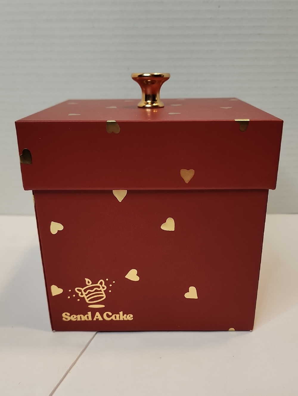 Send A Cake Box Red W/Gold Hearts, Coolest Square DECORATED Gift Box Ever!!